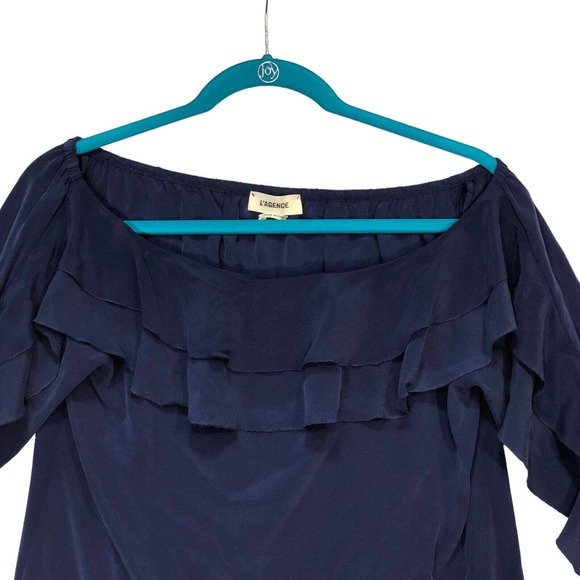 L'Agence Sz XS Monroe Off Shoulder Silk Blouse Blue Ruffle Pullover 4677CD1 Top - Picture 12 of 14